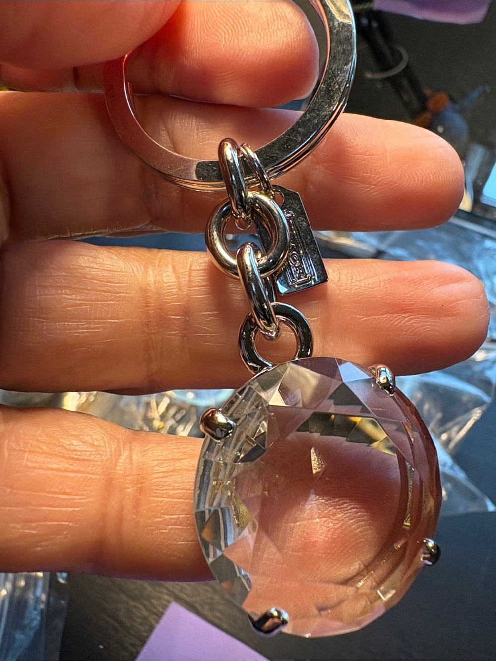 Coach Vintage Clear Crystal Pendant Keychain with Silver Hardware